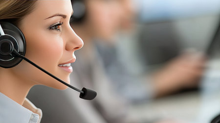 Close-up of woman in a headset with a slight smile, taking notes while engaging in a call. Her professional demeanor is evident.の素材