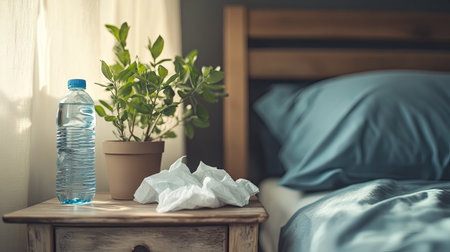 Close-up of used tissues on a nightstand with a water bottle and a small plant, in a minimalistic, cozy bedroomの素材