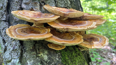 Cluster of mushrooms with brown caps on a tree trunk, surrounded by moss and textured bark in a peaceful, shaded forestの素材