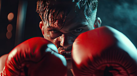 Close-up on boxer's hands in gloves, ready to throw a punch. Background blurred, spotlight on gloves and fierce expression.の素材