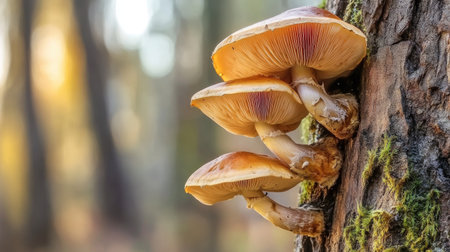 Close-up of wild mushrooms on a tree trunk, surrounded by moss and bark textures, with a blurred forest backgroundの素材
