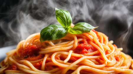 Close-up of steaming spaghetti with thick tomato sauce, with a garnish of fresh basil leaves, set on a dramatic dark backgroundの素材