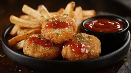Crispy chicken nuggets with French fries on a dark plate, served with ketchup, barbecue sauce, and sprinkled with herbsの素材