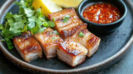 Crispy pork belly slices served with a side of spicy dipping sauce, garnished with fresh herbs and lemon wedges for extra flavorの素材