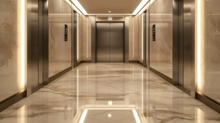 Front view of an upscale elevator in a residential high-rise with reflective chrome doors and soft lightingの素材