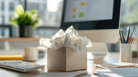 Crumpled tissue paper and a box of tissues on an office desk, with a computer screen in the background, indicating a sick dayの素材