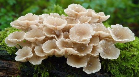 Cluster of mushrooms with delicate caps growing on a mossy log, their shapes and textures highlighted in soft natural lightの素材