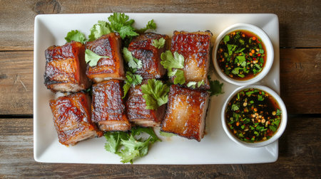 Crispy pork belly arranged on a white plate, with a small bowl of dipping sauce on the side, garnished with fresh herbs on a rustic wooden tableの素材