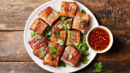 Crispy pork belly arranged on a white plate, with a small bowl of dipping sauce on the side, garnished with fresh herbs on a rustic wooden tableの素材