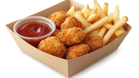 Crispy chicken nuggets and French fries in a paper basket, served with ketchup and a creamy dipping sauce on the sideの素材