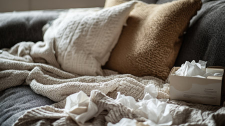 Close-up of used tissues on a couch, with a blanket and a box of tissues nearby, hinting at cold and flu seasonの素材