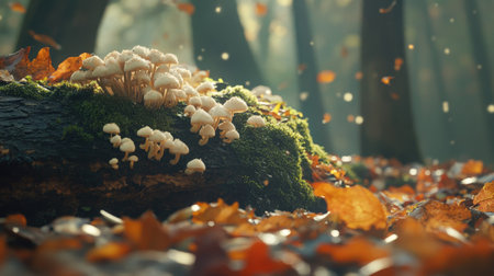 Cluster of small, light-colored mushrooms growing from a mossy log, surrounded by fallen leaves, capturing a quiet, autumnal forest sceneの素材