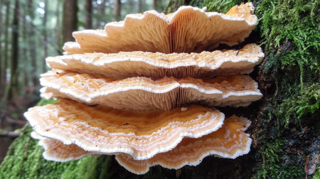 Delicate mushrooms with soft caps growing in layers on a mossy tree trunk, with light filtering through the trees in the backgroundの素材