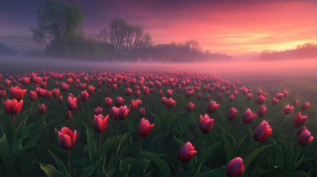 Dewy tulips in full bloom on a misty morning, colors popping against the surrounding fog, evoking a peaceful sceneの素材