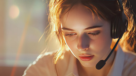 Friendly woman with headset in a call center environment, looking down while typing. Her focus is clear, and background features soft light.の素材