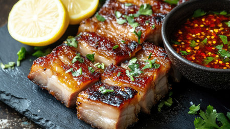 Crispy pork belly slices served with a side of spicy dipping sauce, garnished with fresh herbs and lemon wedges for extra flavorの素材