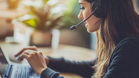 Close-up on young woman in headset, typing as she speaks to a customer. Warm lighting emphasizes her professional, approachable demeanor.の素材