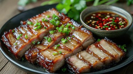 Crispy pork belly pieces on a serving plate, with a bowl of soy-based dipping sauce, garnished with green onions and red chiliesの素材