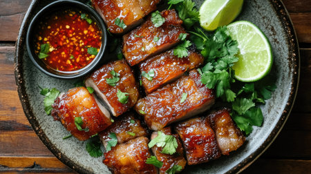 Crispy pork belly arranged beautifully on a ceramic plate with a tangy dipping sauce, and colorful garnishes of fresh herbs and lime wedgesの素材