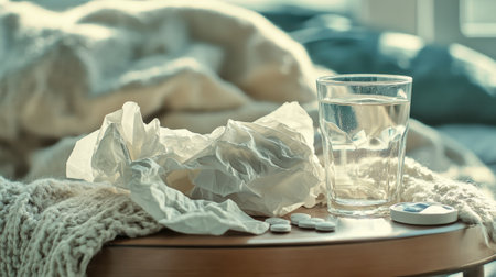 Crumpled used tissues on a nightstand next to a glass of water and medicine, suggesting illness, with a cozy blanket in the backgroundの素材