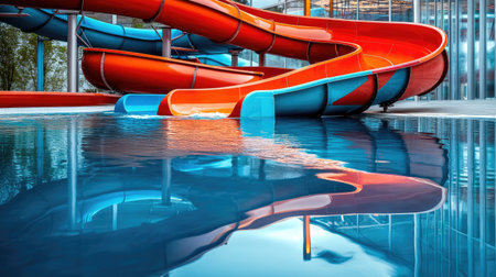 Empty water slide with bold red and blue colors, spiraling into a pool, with reflections on the water creating a vibrant, inviting sceneの素材
