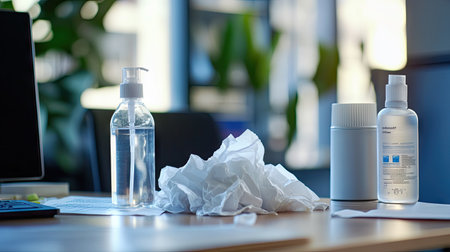 Crumpled tissues on an office desk with hand sanitizer and a water bottle, indicating an unwell workdayの素材