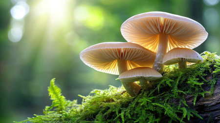 Delicate mushrooms with soft caps growing in layers on a mossy tree trunk, with light filtering through the trees in the backgroundの素材