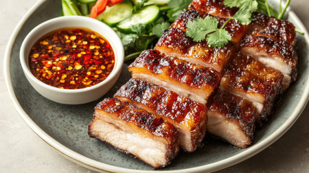 Crispy pork belly on a plate, next to a bowl of soy and chili dipping sauce, with a garnish of fresh herbs and pickled veggiesの素材