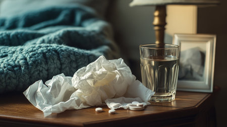 Crumpled used tissues on a nightstand next to a glass of water and medicine, suggesting illness, with a cozy blanket in the backgroundの素材