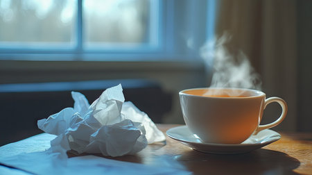Crumpled used tissue paper on a desk, alongside a cup of tea, hinting at a cold or flu, with soft lighting and a cozy indoor settingの素材