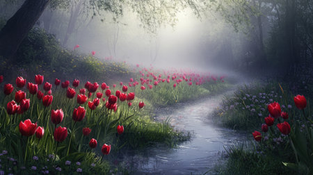 Dewy tulips in full bloom on a misty morning, colors popping against the surrounding fog, evoking a peaceful sceneの素材