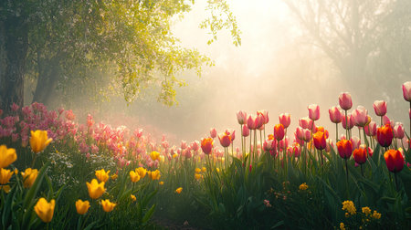 Field of tulips in full bloom, with gentle morning fog creating a soft, ethereal landscape of color and lightの素材