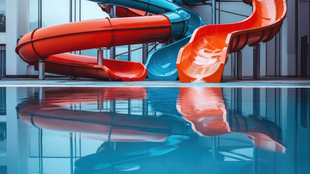 Empty water slide with bold red and blue colors, spiraling into a pool, with reflections on the water creating a vibrant, inviting sceneの素材