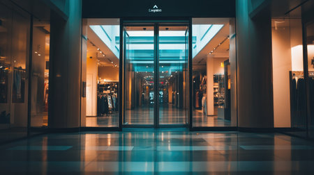 Glass-paneled elevator door in a modern shopping center, capturing surrounding decor and spacious feelの素材