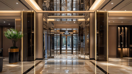 Front view of a glass elevator with chrome details in a high-end hotel lobby, reflecting surroundingsの素材