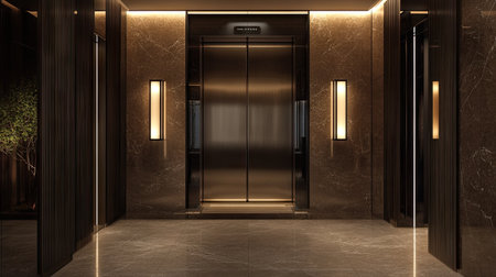 Front-facing elevator in a modern hotel, showcasing elegant steel doors with subtle reflections and LED indicatorsの素材