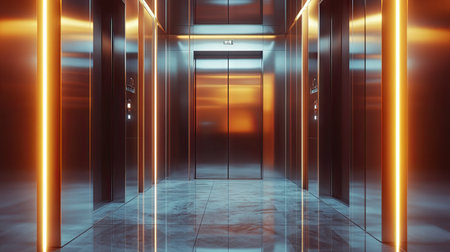 Front view of an upscale elevator in a residential high-rise with reflective chrome doors and soft lightingの素材