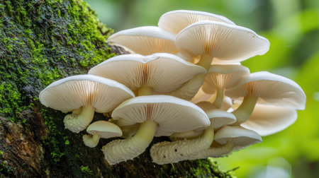 Delicate mushrooms with white caps growing from a mossy tree trunk, set in a shady forest environment with sunlight peeking throughの素材