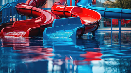 Empty water slide with bold red and blue colors, spiraling into a pool, with reflections on the water creating a vibrant, inviting sceneの素材