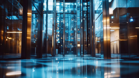 Front view of a glass elevator with chrome details in a high-end hotel lobby, reflecting surroundingsの素材