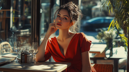 A stylish woman in a red wrap dress, enjoying a sunny afternoon at a chic caf.の素材