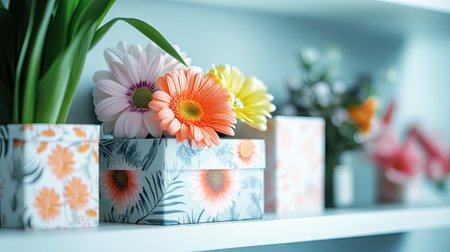 A stack of small gift boxes decorated with vibrant flowers like daisies and tulips, arranged on a modern white shelf.の素材