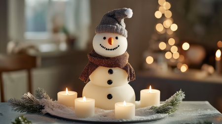 A snowman centerpiece made of stacked white candles, decorated with a scarf and small hat for a festive touch.の素材