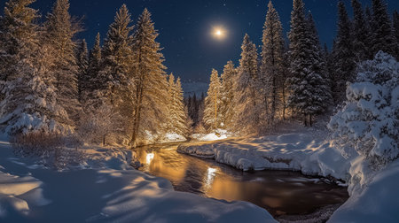 A snow-covered forest illuminated by moonlight, with a river sparkling in the darkness.の素材