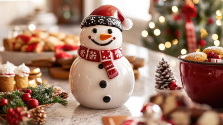 A snowman cookie jar on a kitchen counter, surrounded by holiday treats and festive kitchen dcor.の素材