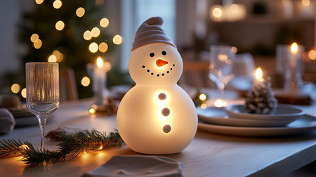 A snowman decoration made of white ceramic, glowing softly with built-in LED lights on a festive table.の素材