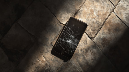 A smartphone with a cracked screen lying face down on a tile floor, surrounded by tiny glass shards.の素材