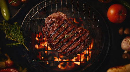 A top-down view of a beef steak on a wire grill, surrounded by vegetables and glowing coals.の素材