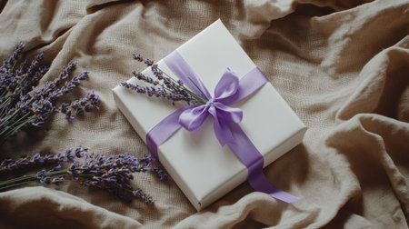 A square white gift box with purple ribbon and a sprig of lavender, placed on a textured linen cloth.の素材