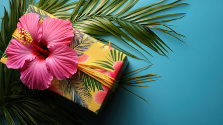 A tropical-themed gift box wrapped in bright colors, featuring fresh hibiscus flowers and palm leaves.の素材